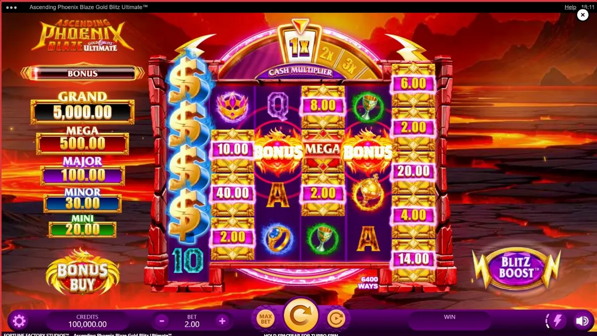 Ascending Phoenix Blaze Gold Blitz Ultimate slot machine interface