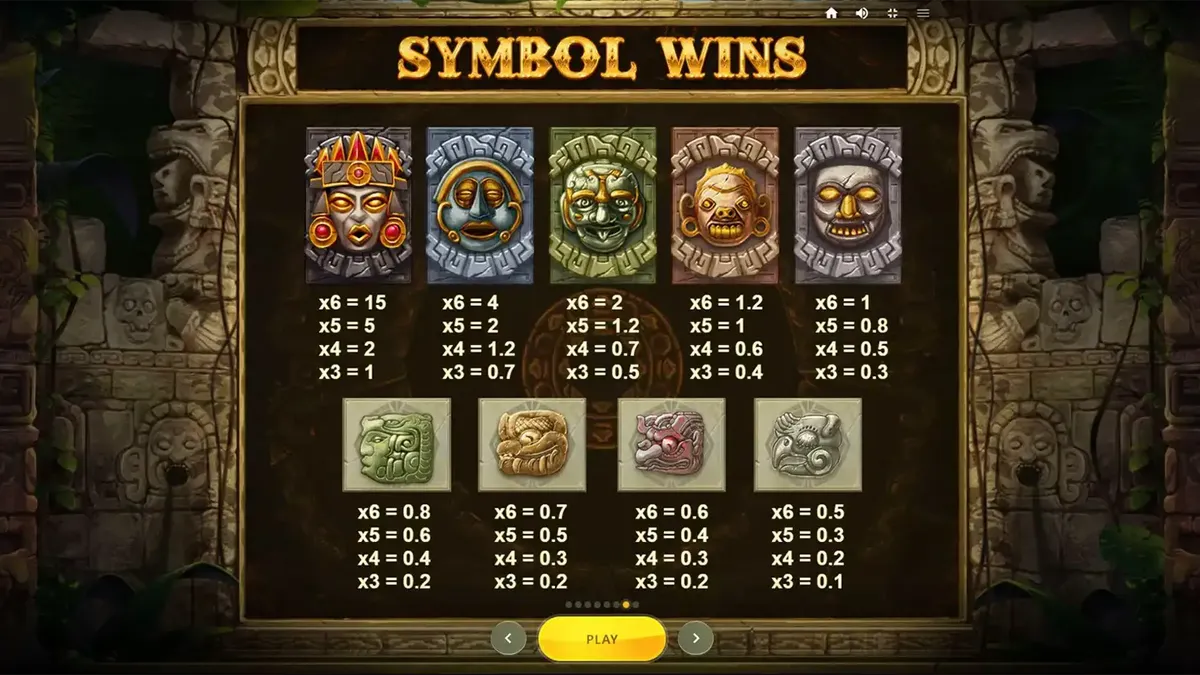 Gonzo’s Quest Megaways slot machine interface na may mga Mayan mask at golden symbols.